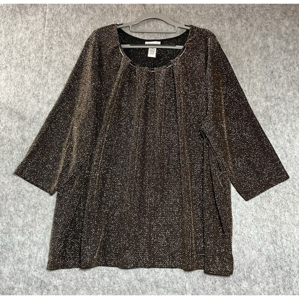 Catherines Shirt Womens Plus 2X 22/24W Black Gold Shimmer Relaxed Stretch Top